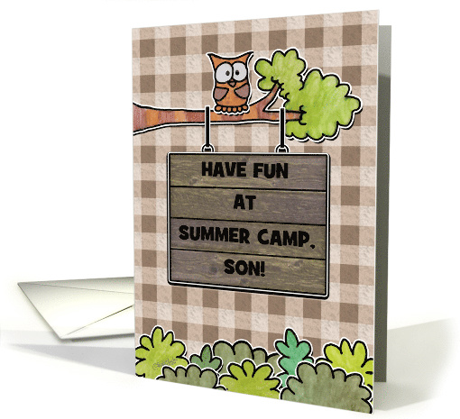 Customizable- Thinking of You-Summer Camp For Son- Owl and Sign card