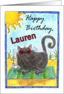 Happy Birthday for Lauren-name specific -Cool Beach Cat card