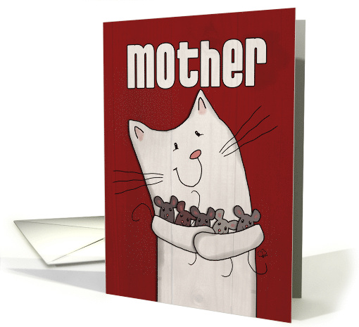 Happy Birthday Mother Mom White Barn Cat Holding Mice card (1240116)