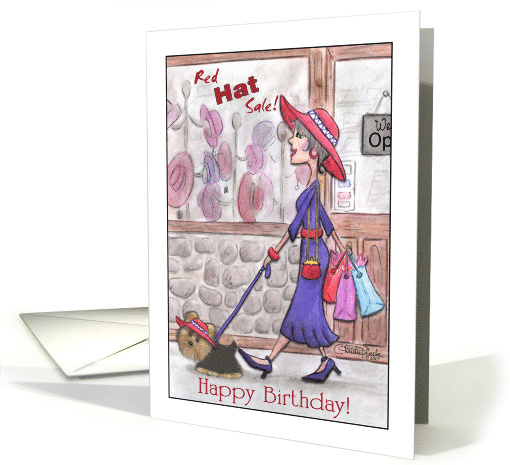 Happy Birthday Lady in Red Hat Shopping with Yorkie card (1272012)