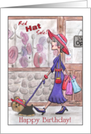 Happy Birthday Lady in Red Hat Shopping with Yorkie card