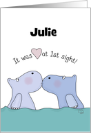 Customizable Name Happy Anniversary for Wife Julie Kissing Hippos card