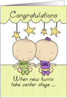 Whimsical Twin Boy Girl Congratulations on BabyTwins Center Stage card