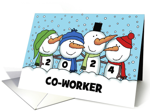 Four Snowmen Customizable Happy New Year 2024 for Co-worker card