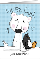 Polar Bear and Penguin Customizable Names Happy Anniversary to Couple card