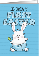 Customized Name First Easter for Jeremiah Bunny Rabbit in Blue Diaper card