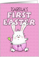 Personalized First Easter for Isabella Bunny Rabbit in Pink Diaper card