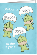 Customizable Names Congrats Baby Triplets Unisex Babies and Parachutes card