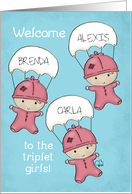 Customizable Names Congrats Baby Triplets Girl Babies with Parachutes card