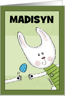 Customizable Name Happy Easter for Madisyn Bunny Rabbit Catches Egg card