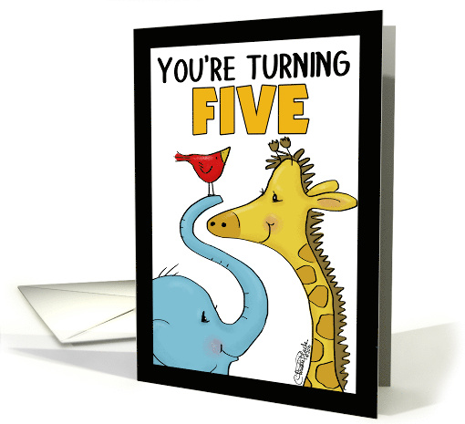 Happy Birthday for Five Year Old Elephant Giraffe and Bird card