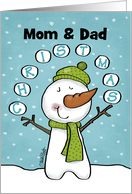 Customizable Merry Christmas Mom Dad Snowman Juggles Snowballs card