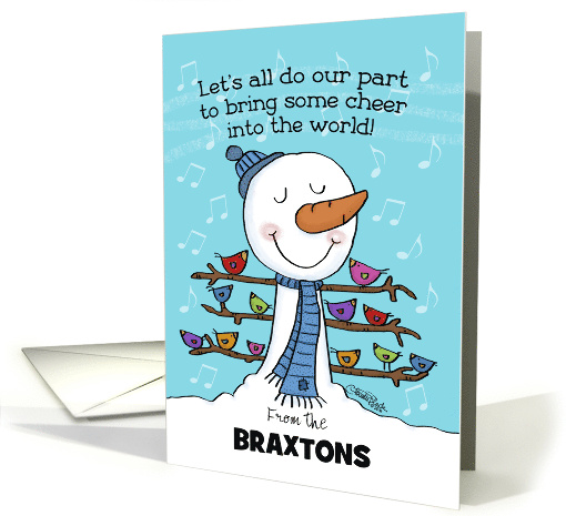 Customizable Name Braxtons Happy New Year Snowman with Birds card