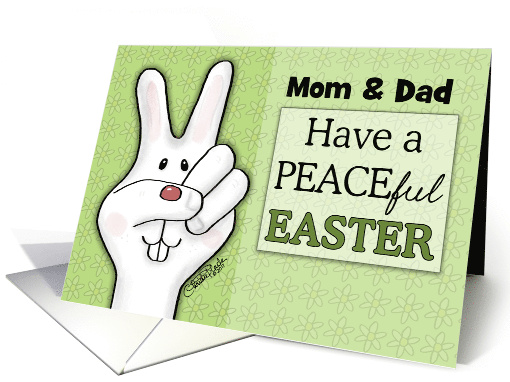Customizable Happy Easter for Mom and Dad Peace Sign Bunny Face card