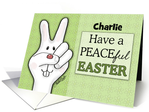 Customizable Name Happy Easter for Charlie Peace Sign Bunny Face card