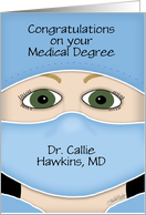 Personalized Congrats on Medical Degree Green Eyed Female Face Mask card
