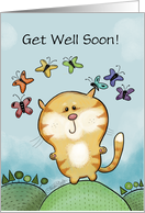 Customized Get Well Soon Cat and Rainbow of Butterflies card