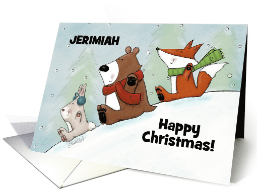 Happy Christmas for Jerimiah Bunny Bear and Fox Snow Much Fun card