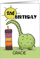 Customizable Happy 2nd Birthday for Gracie Dinosaur with Tall Cake card