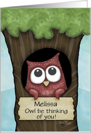 Customizable Thinking of You for Melissa Owl in Tree Holding a Sign card