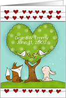 Customizable Date Happy Anniversary Fox Bunny at Green Heart Tree card
