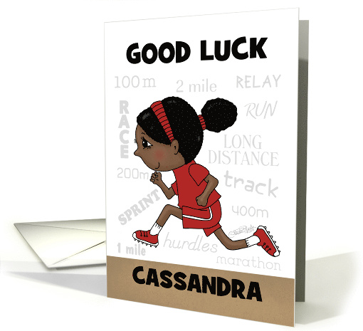 Good Luck Girl Track Runner Dark Skin Customizable Name Cassandra card