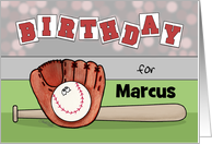 Customizable Name Happy Birthday for Marcus Baseball Glove and Bat card