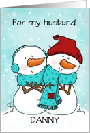 Customizable Merry Christmas Husband Danny Snuggling Snow Couple card