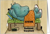 Customized Enjoy Summer Vacation Hippo Turns off Alarm Clock card