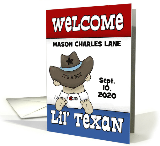 Congrats Lil' Texan New Baby Custom Name Cowboy Hat on Baby Boy card