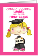 Graduate First Grade Blond Girl Customized Name Laurel card