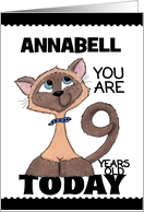 Customizable Name Happy 9th Birthday for Annabell Siamese Cat Tail card