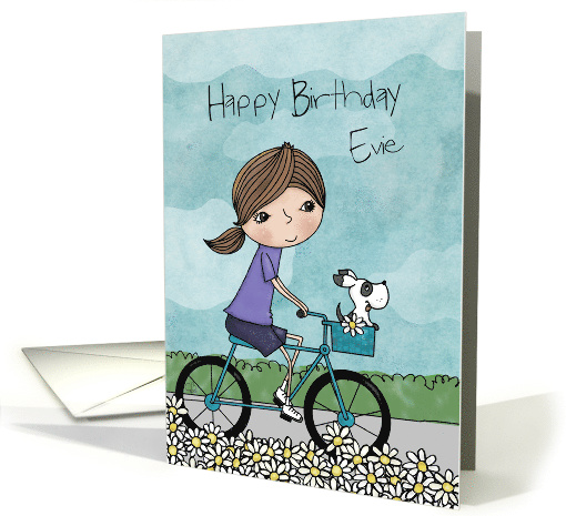 Customizable Name Happy Birthday Evie Young Woman on Bike... (1678264)