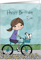 Customizable Name Happy Birthday Evie Young Woman on Bike with Dog card