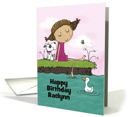 Customizable Name Happy Birthday Raelynn Girl Sitting by the Pond card