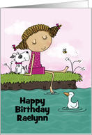 Customizable Name Happy Birthday Raelynn Girl Sitting by the Pond card