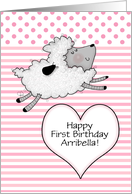 Customizable Happy 1st Birthday for Arribella Lamb and Heart card