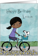 Customizable Birthday for Leesa Young Woman on Bike with Dog card