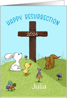 Animals Gather Around Cross Customizable Happy Easter Resurrection card