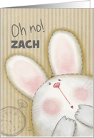 Bunny Rabbit Says Oh No Customizable Belated Happy Birthday for Zach card