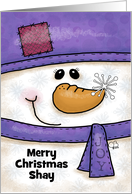 Customizable Merry Christmas for Shay Snowman with Snowflakes Purple card