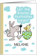 Customizable Happy Easter Melanie Bunny Paints Duck Egg card
