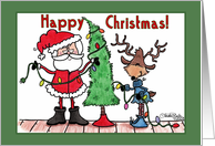 Happy Christmas Santa and Reindeer Decorating Tree card