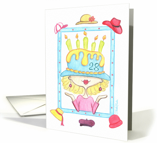 Lady in Birthday Hat-28th Birthday card (58366)
