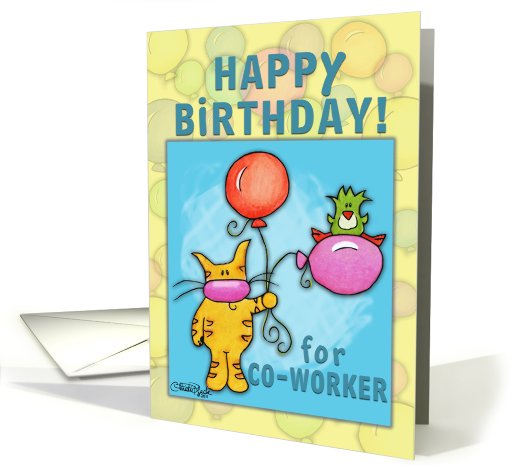 Happy Birthday for Co-Worker-Cat and Bird with Balloons card (797719)