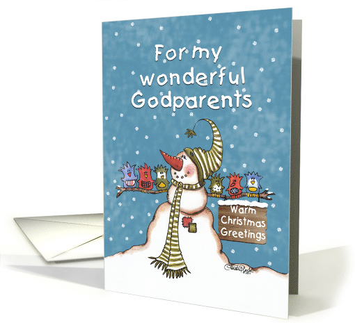 Warm Christmas Greetings for Godparents Snowman and Bird Friends card