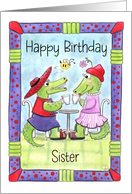 Birthday for Sister Alligators in Red Hats Drinking Coffee card