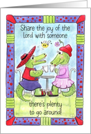 Alligators in Red Hats Drinking Coffee Share the Joy of the Lord card