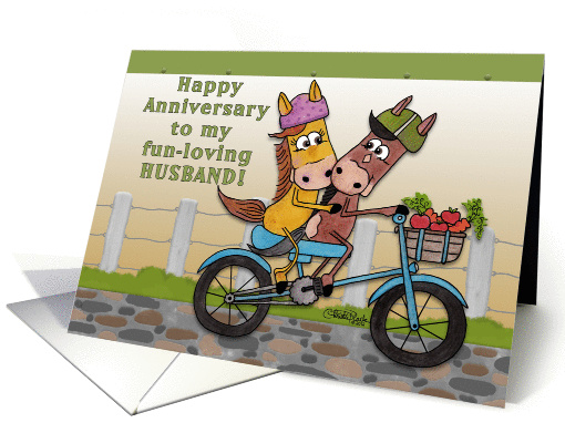 Happy Anniversary to my Husband-Horses Ride on a Bicycle card (916063)