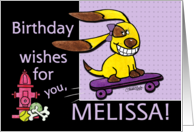 Birthday for Melissa Skateboarding Dog yEARS Fly By card